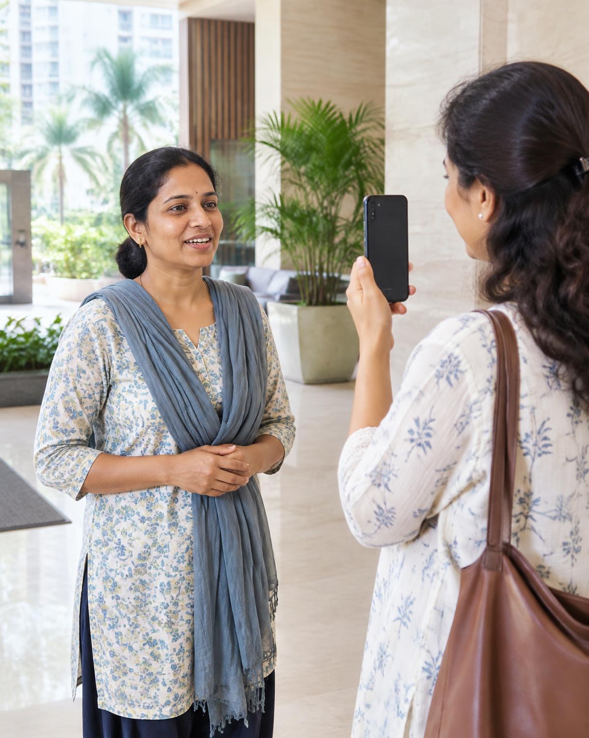 A staff member recording her introduction with an employer